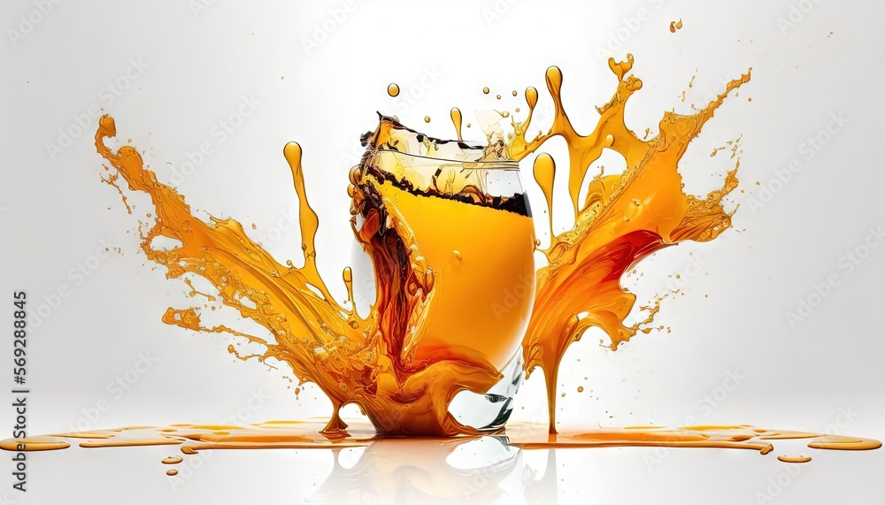 Poster a glass of orange juice with splashing orange juice on the bottom of it and a white background with 