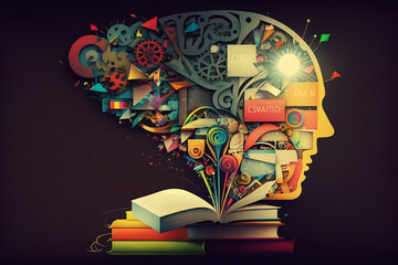 A book where a brain full of ideas and knowledge emerges created with Generative AI technology