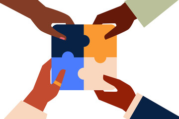 Women in business. Hands of dark skinned group of people solving a jigsaw. Concept on cooperation, unity, togetherness, partnership, agreement, teamwork, social community or movement. Flat vector