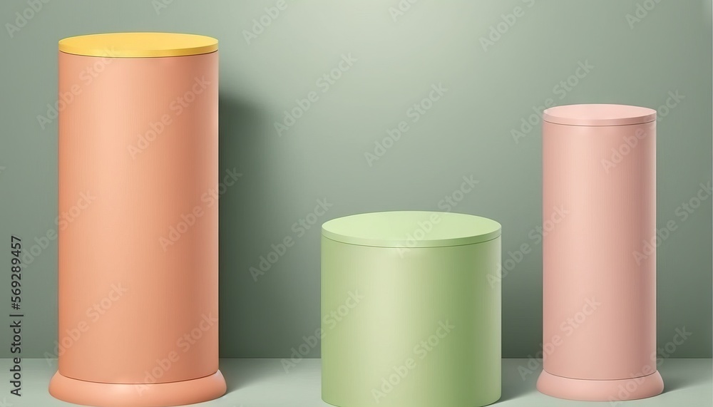 Poster a group of three different colored vases sitting on a table next to each other on a gray surface wit