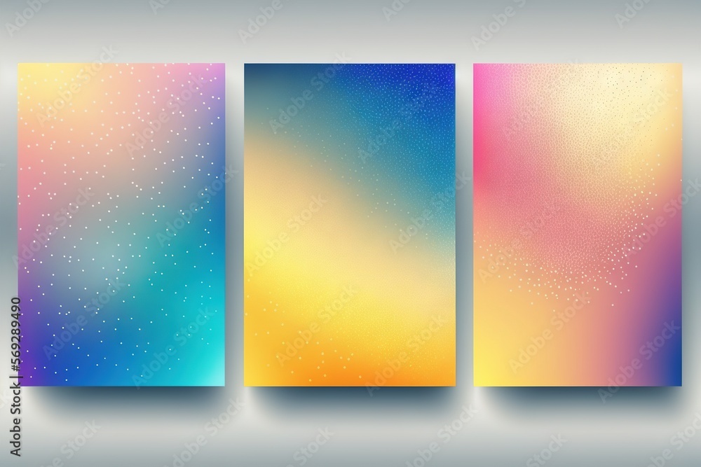 Poster a set of three vertical banners with different colors and shapes on a gray background with a spotty 