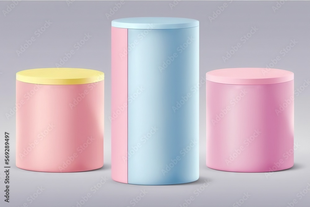 Poster three different colored plastic containers on a gray background with a yellow one and a pink one on 
