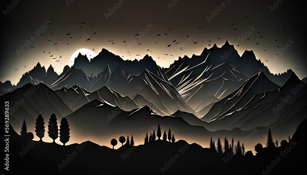 Aufkleber a black and white picture of a mountain range with birds flying over it and trees in the foreground 