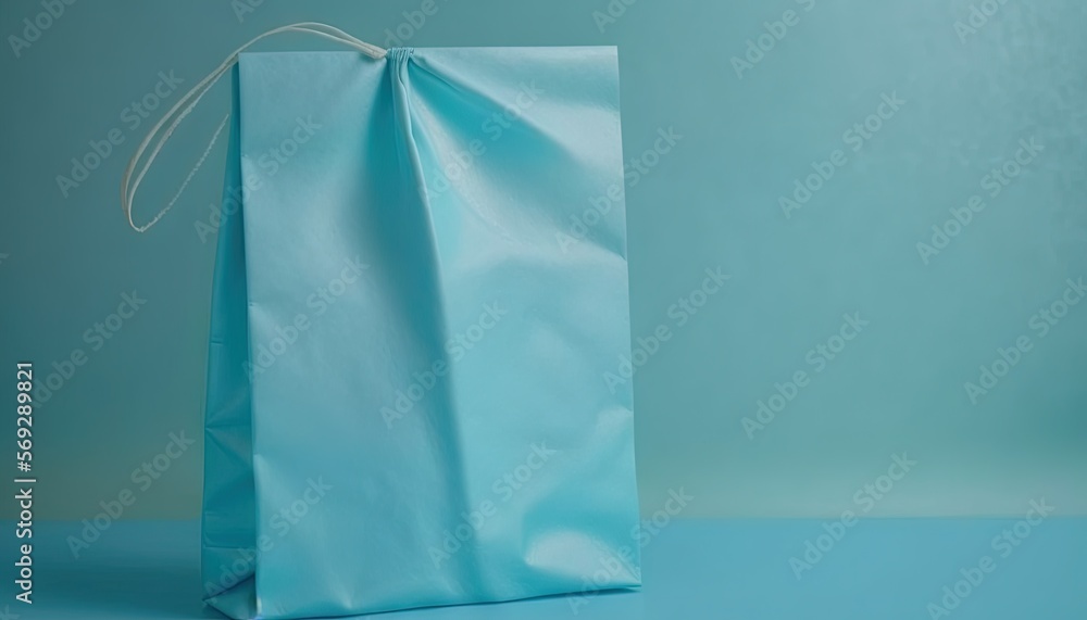Poster a blue bag with a string on the handle on a blue surface with a light blue wall in the background an