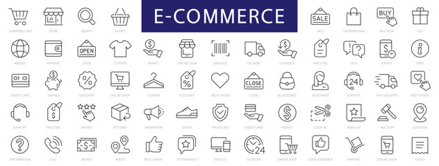 E-Commerce & Shopping thin line icons set. E-Commerce, Shop, Online Shopping Editable Stroke icons collection. Shoppind symbols set. Vector illustration - obrazy, fototapety, plakaty