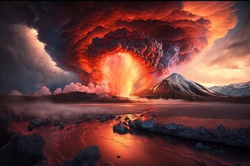 Vulkan mit Feuer und Lava - Explosion  Eruption- Generative AI