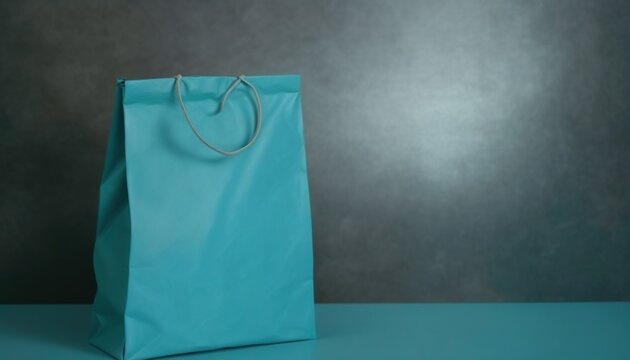 a teal colored shopping bag on a blue table with a gray background photo by michael strick / shutterstocker / shutterstocker / shutterstocker com.  generative ai