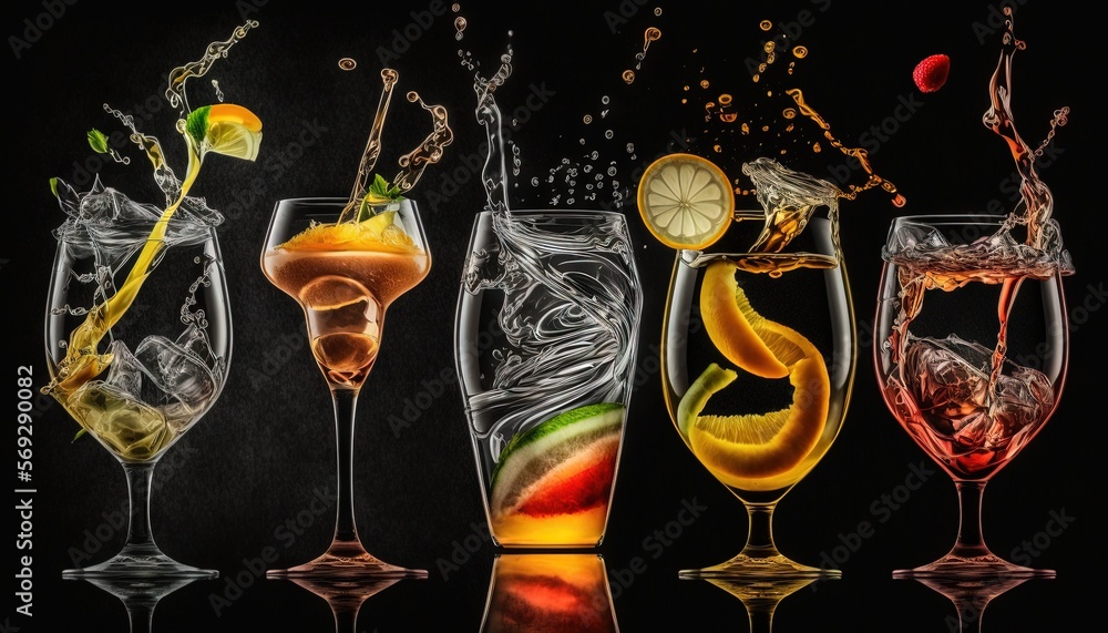 Aufkleber a group of glasses filled with different types of drinks and splashing water on them with fruit and 