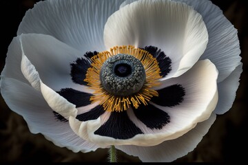  a large white flower with a black center and yellow stamen in the middle of the center of the flower, with a black center and yellow stamen in the middle of the center of the flower.  generative ai