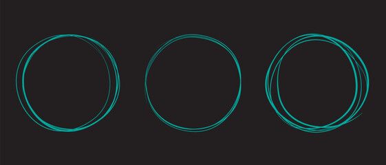 Teal circle line hand drawn set. Highlight hand drawing circle on black background. Round handwritten circle. For marking text, note, logo, mark icon, number, marker pen, pencil and text check, vector