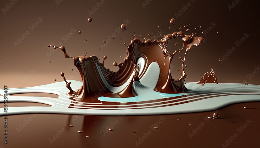 Poster a liquid splashing out of a chocolate puddle on top of a brown surface with a white swirl on the bot