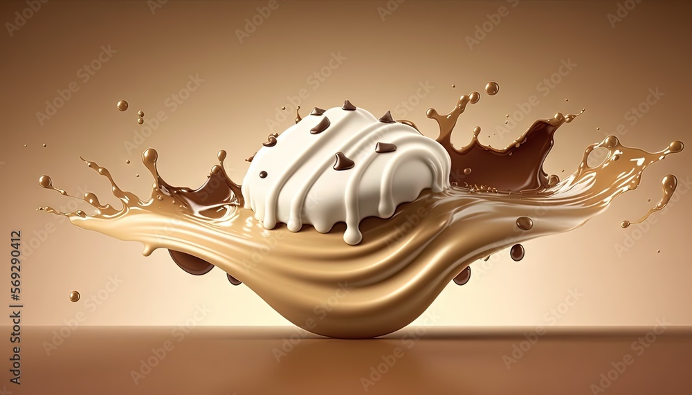 Poster a chocolate and cream ice cream splashing into the air with a brown background and a light brown bac