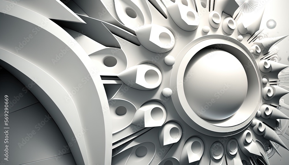 Poster a white abstract design with a circular hole in the middle of it's center and a circular hole in the