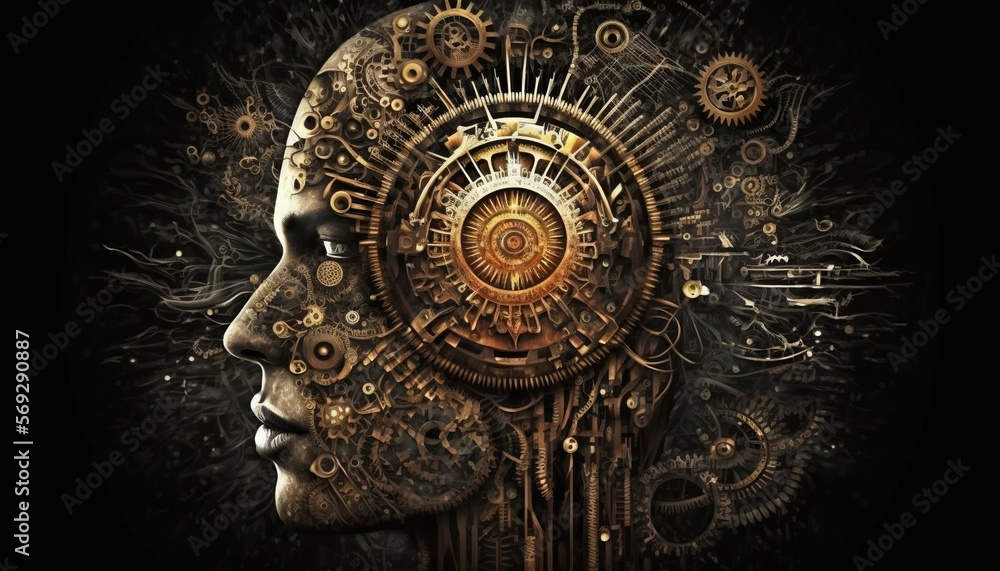 Poster a woman's face with gears and gears in it's head, as if it were a mechanical device or a machine or 