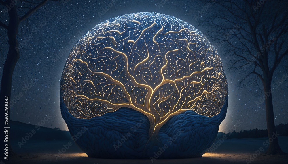 Poster a large egg with a tree inside of it in the middle of a forest at night with stars in the sky and a 