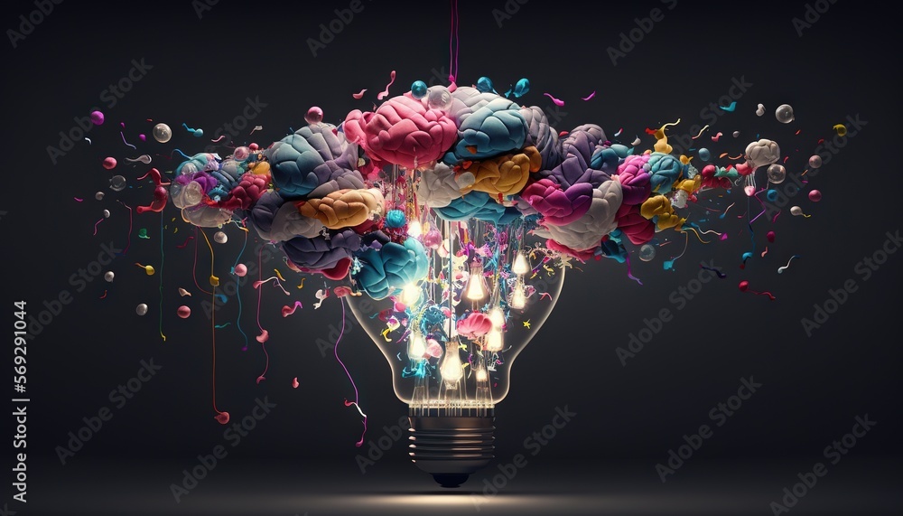 Poster a light bulb with a bunch of colorful balloons in the shape of a human head on top of a black backgr