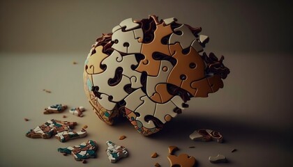 a puzzle ball with pieces missing from it on a gray surface with a few pieces missing from it to the side of the image, with a dark background.  generative ai