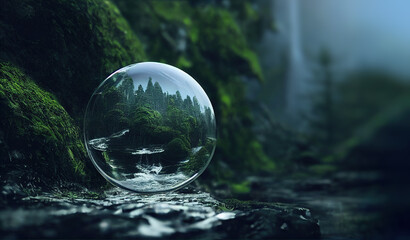 Environment conservation concept. Close up of glass globe in the forest with copy space background 3d render.