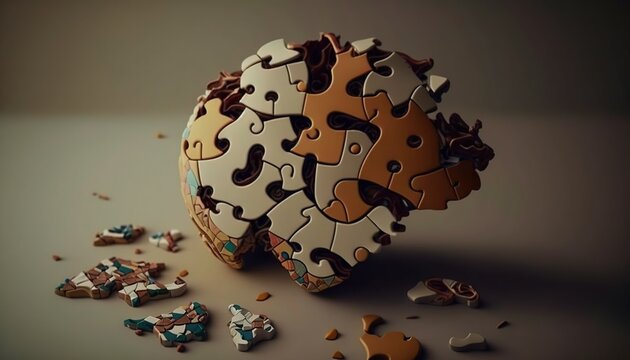 a puzzle ball with pieces missing from it on a gray surface with a few pieces missing from it to the side of the image, with a dark background.  generative ai