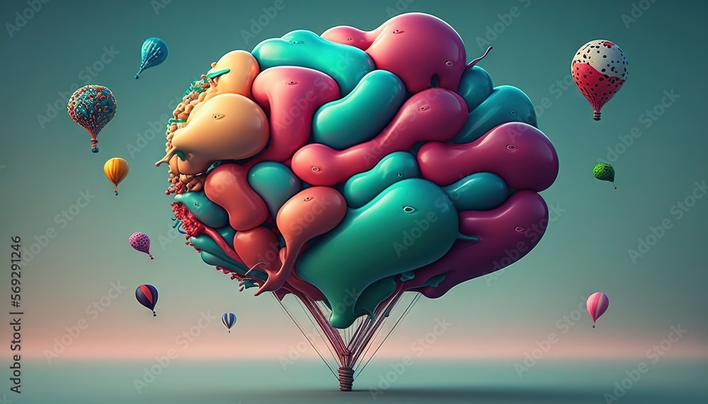Poster a bunch of balloons floating in the air in the shape of a heart on a blue and pink background with a