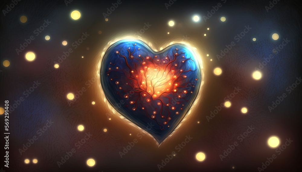 Poster a heart shaped object with a fire inside of it on a dark background with glowing lights around it an