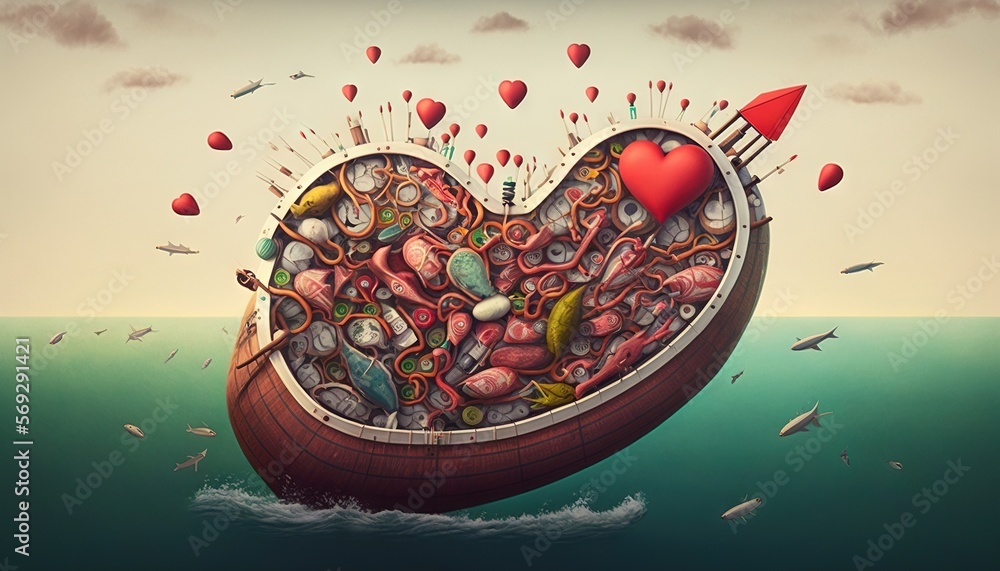 Poster a heart shaped boat floating in the ocean with lots of different things floating around it and a red