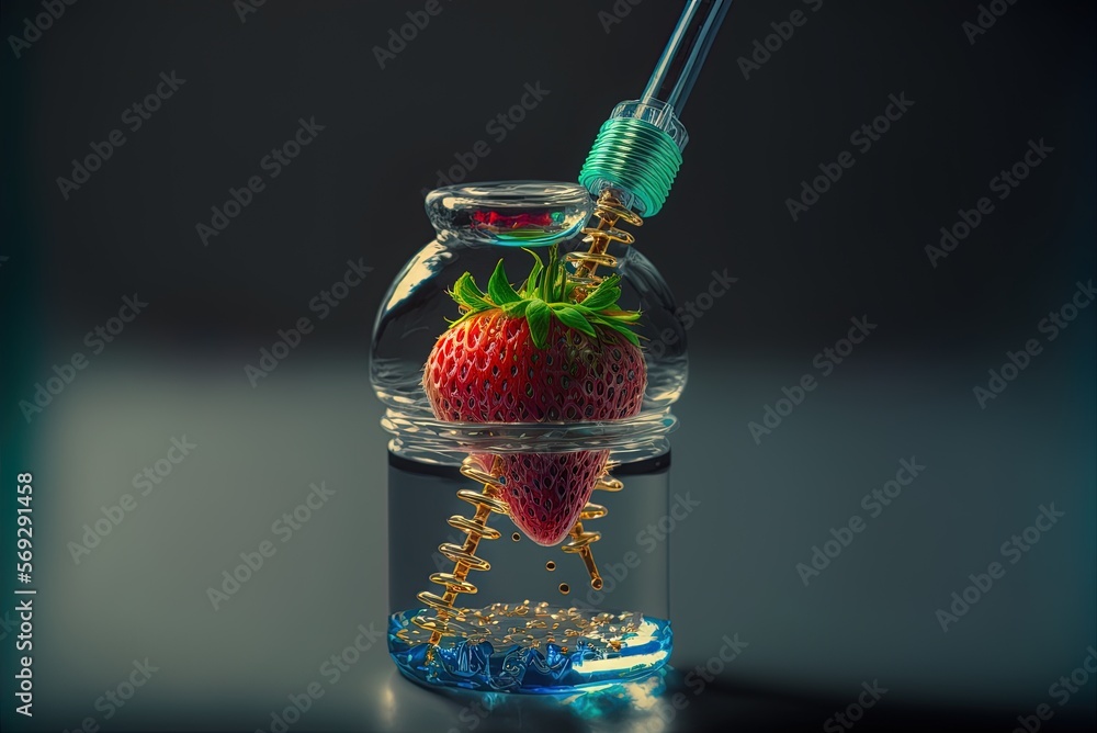 Poster a strawberry is poked with a needle in this close-up from a laboratory dna extraction experiment. ge