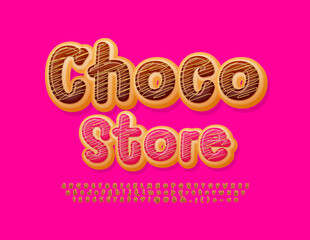Vector sweet banner Choco Store. Funny Creative Font. Tasty Donut Alphabet Letters and Numbers
