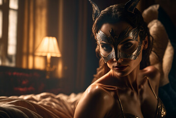 Obraz na płótnie Canvas A Fantasy secret fabuloussexy woman , forest and sea nymph with masquerade mask and lies on bed at luxury hotel Valentines day,generative ai.