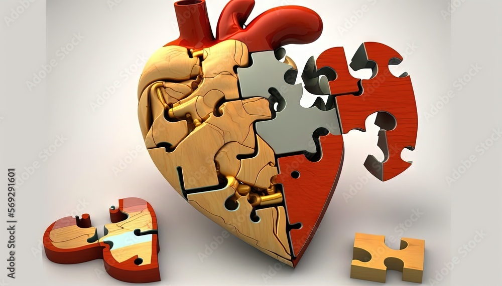 Poster a heart shaped puzzle with a piece missing from the puzzles next to the puzzle pieces that have been