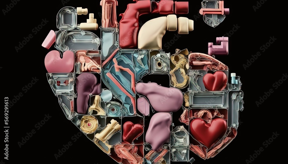 Poster  a heart made up of many different types of items and shapes on a black background with a red heart in the middle of the image.  generative ai