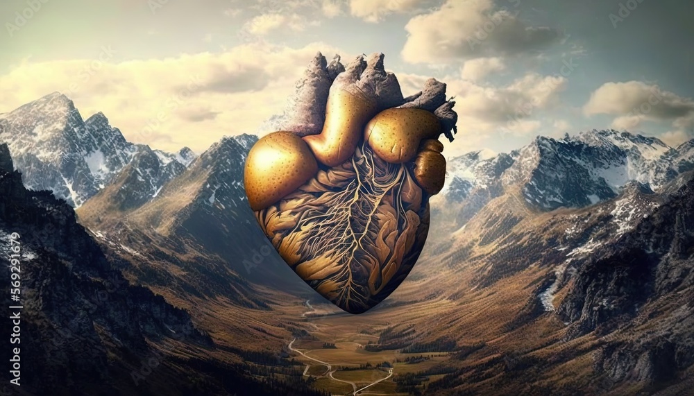 Poster a golden heart in the middle of a mountain range with a path going through it to the top of the moun