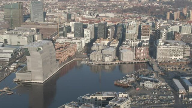 Aerial drone shot of central part of Oslo (Bjorvika, Barcode and Munch museum) at daylight