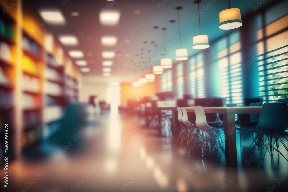 Poster a blurry photo of a library with chairs and tables in the middle of the room and a row of bookshelve