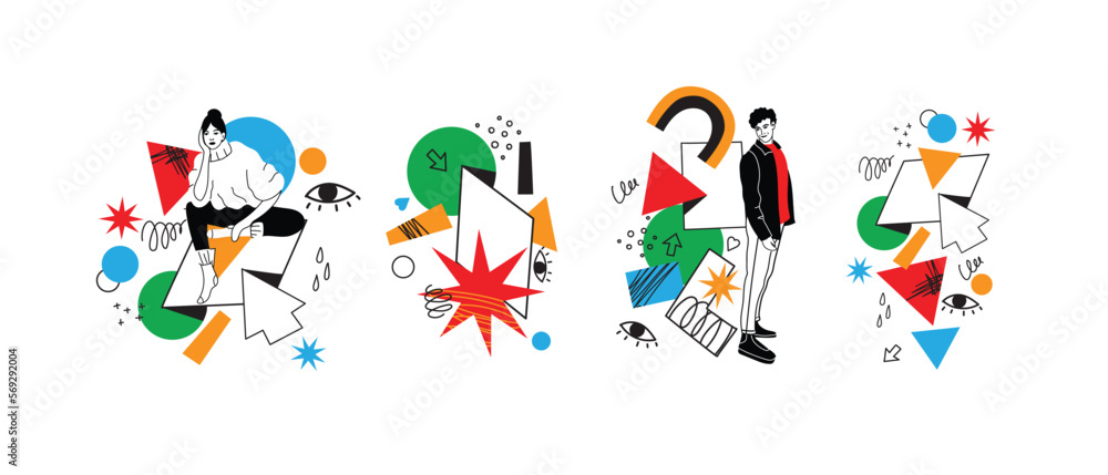 Poster outline characters, people in different poses and various geometric shapes and colorful abstract fig
