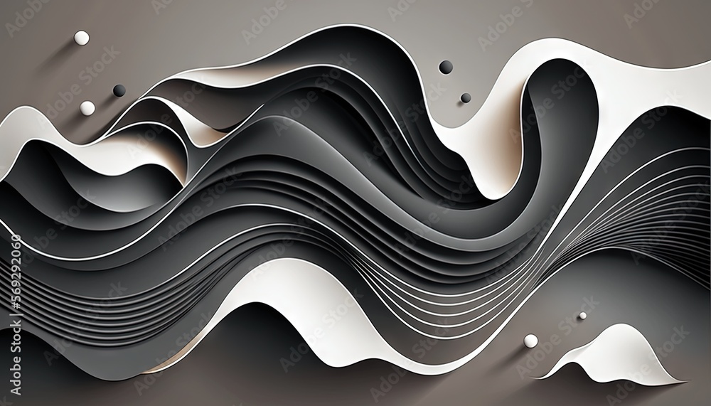 Poster a black and white abstract background with wavy lines and bubbles on a gray background with a black 