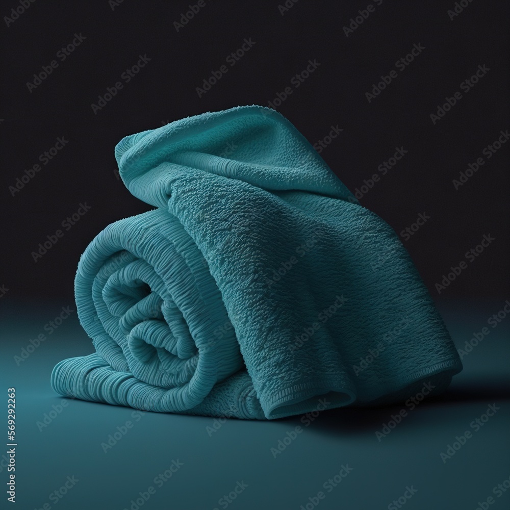 Poster a blue towel folded up on a blue surface with a black background in the corner of the image, with a 