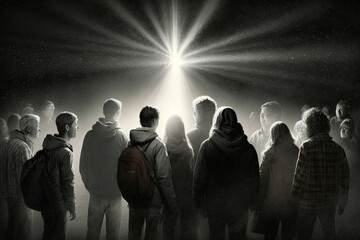 Crowd of people with heaven light. AI generated. 