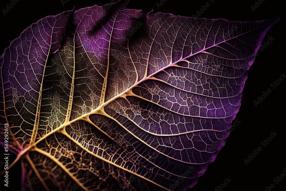 Poster a close up of a leaf with a purple light on it's back end and a yellow line on the top of the leaf. 