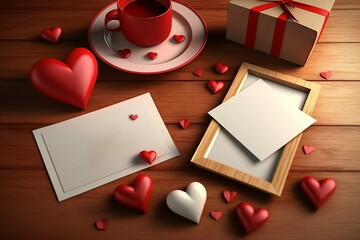 Happy Valentine's Day greeting card, romantic love message, red mug with beautiful gift and card on table, heart around. Generative AI.