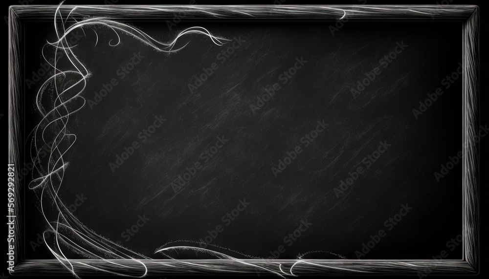 Poster a black and white photo of a frame on a chalkboard with a swirly design on the edge of the frame and