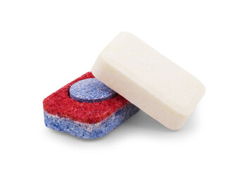 Dishwasher tablets on white background