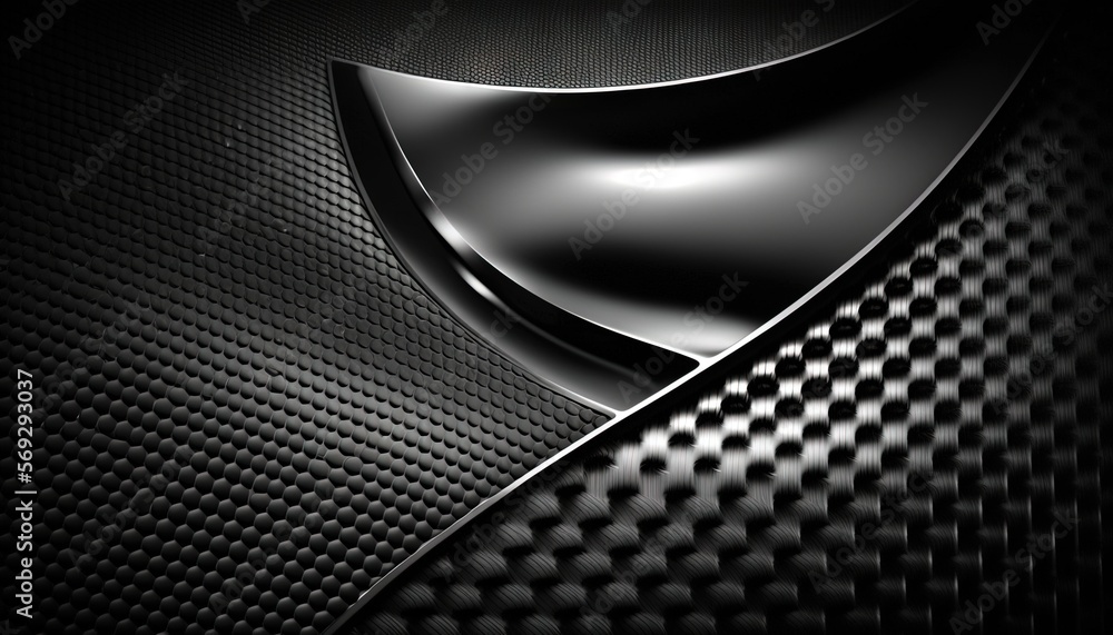Poster a black and white background with a metallic design on it's side and a circular object in the middle