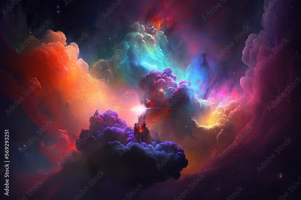 Poster a colorful cloud filled with clouds and a tower in the middle of it with a sky full of stars in the 