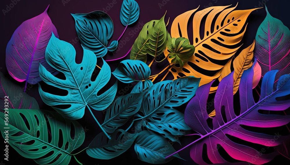 Poster a group of different colored leaves on a black background with a black background behind them is a p