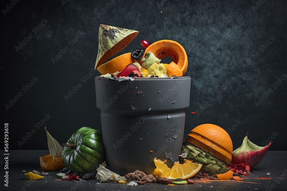 Poster a trash can filled with lots of different types of fruit and veggies on top of a black tablecloth co
