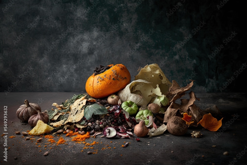 Poster a pile of garbage sitting on top of a table next to an orange and some other things on top of a blac