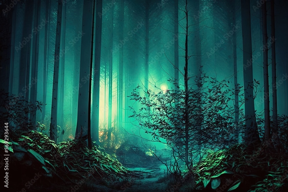 Poster a dark forest with a path leading to a light at the end of the forest, with a green light shining th