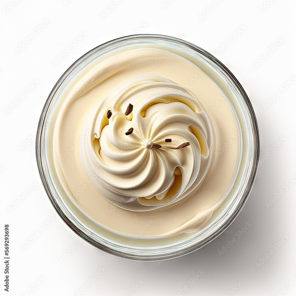 Poster a bowl of whipped cream on a white background with a spoon in it and a spoon in the bowl with a spoo