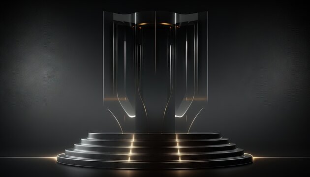  a black stage with steps leading to a doorway and a podium with a light at the end of the stage and a black wall behind it.  generative ai